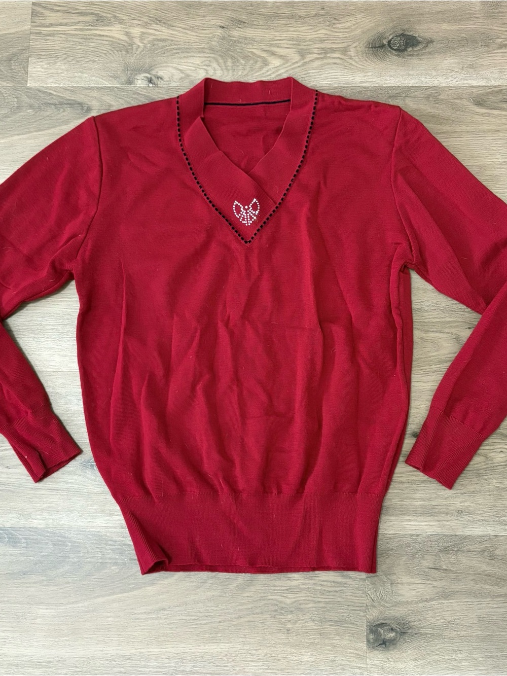 Red V-Neck Women's Sweater with Embellished Detail